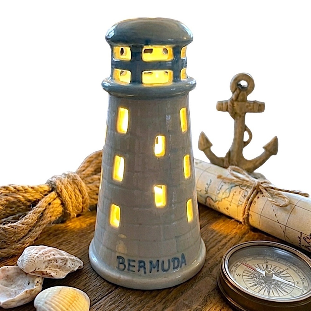 Bermuda Trader Lighthouse Tea Light Ceramic Candle Holder Decorative Blue White